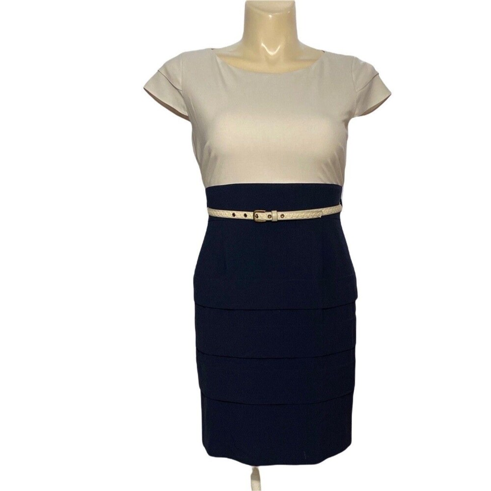 Tahari Dress‎ 12P Off White Top Navy Blue Skirt Pleated Lace Lined Party Career